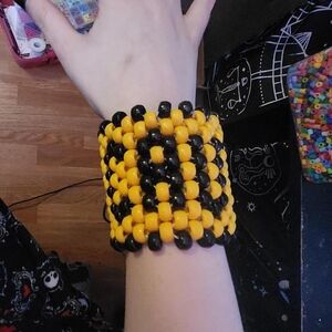 Yellow and Black Beaded Caution Cuff Bracelet